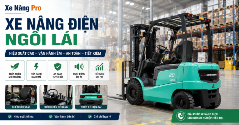 xe nâng điện ngồi lái 2 tấn vận hành trong kho nhà máy FDI