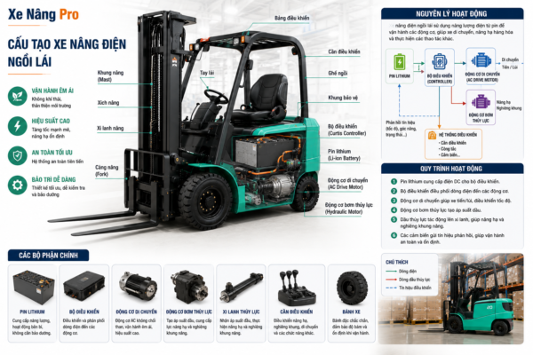 Cấu tạo nguyên lý hoạt động của xe nâng điện ngồi lái