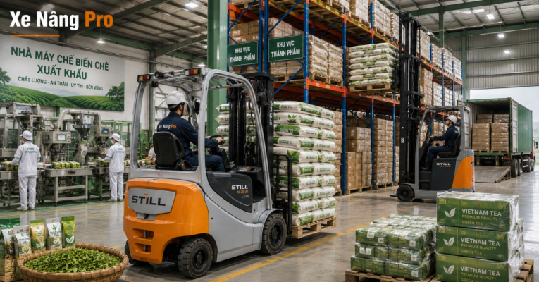 xe nâng điện nhà máy chế biến chè Phú Thọ kiện chè xuất khẩu