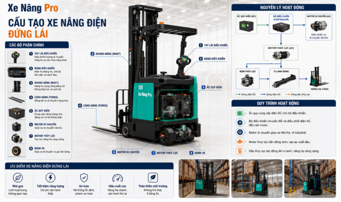 Cấu tạo hoạt động của xe nâng điện đứng lái