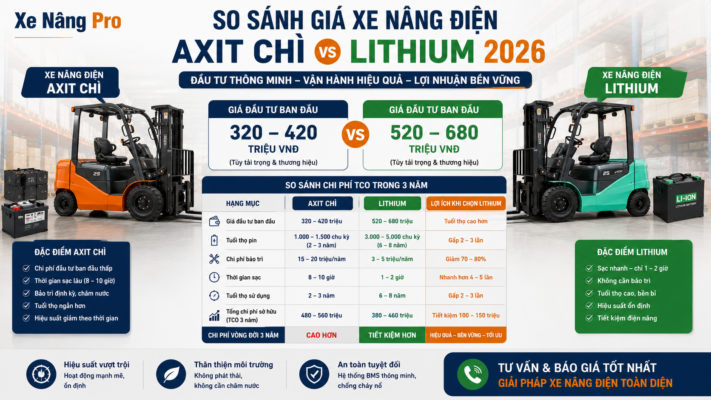 So sánh giá xe nâng điện axit chì vs Lithium 2026 — Chênh 80-120 triệu, TCO 5 năm nào rẻ hơn?
